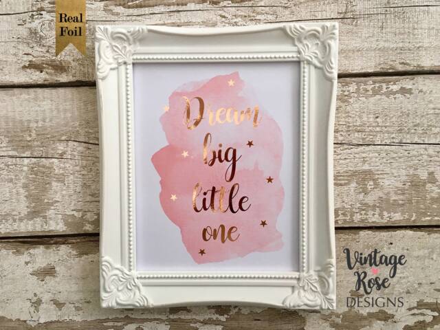 Dream Big Little One, Nursery Wall Print, Watercolour Rose Gold Quote, Pale Pink Splash, Girls Bedroom, And - image 1