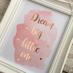 Dream Big Little One, Nursery Wall Print, Watercolour Rose Gold Quote, Pale Pink Splash, Girls Bedroom, And - thumbnail 3