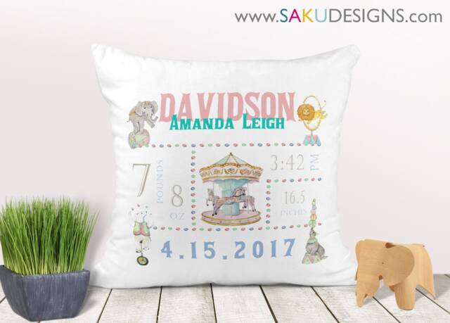 Circus Baby Pillow-Circus-Baby Pillow-Birth Announcement-Nursery Decor-Baby Pillow-Keepsake Pillow-Personalized Pillow-New Baby-Birth Stats - image 1