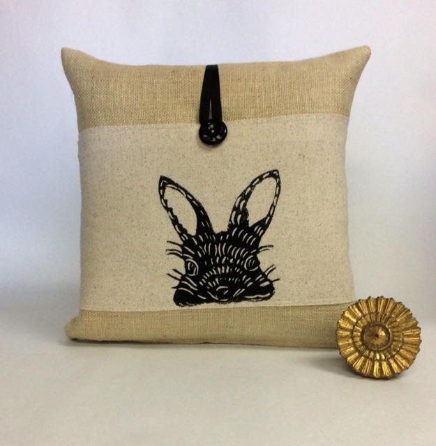 Bunny Rabbit Pillow Cover Poly Burlap Block Print Nursery Decor - image 1