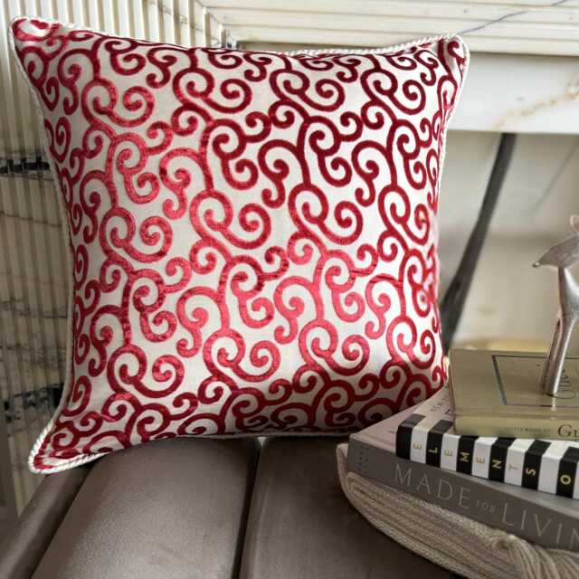 Cayenne Red Burnout Velvet, Abstract Pattern, Contemporary Throw Pillow Cover/Euro Sham - Scrolls - image 1