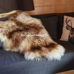Curly Icelandic White-Brown Genuine Sheepskin Lambskin Sheep Skin Rug Pelt Long Wool Soft Throw, Schaffell, Hygge - thumbnail 3