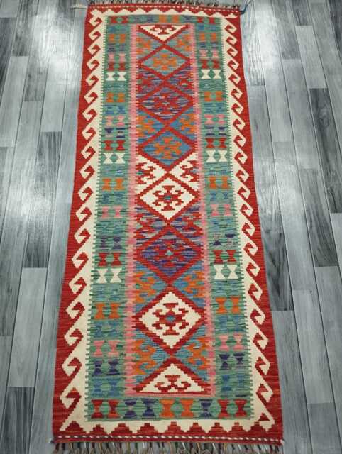 Colourful Runner Rug, Handmade Artisan Afghan Turkish, Scandinavian, Navajo, Bohemian, Wool Flatweave Multicolour Kilim Rug 204x77 cm - image 1