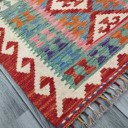 Colourful Runner Rug, Handmade Artisan Afghan Turkish, Scandinavian, Navajo, Bohemian, Wool Flatweave Multicolour Kilim Rug 204x77 cm - thumbnail 2