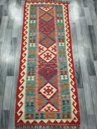 Colourful Runner Rug, Handmade Artisan Afghan Turkish, Scandinavian, Navajo, Bohemian, Wool Flatweave Multicolour Kilim Rug 204x77 cm - thumbnail 1
