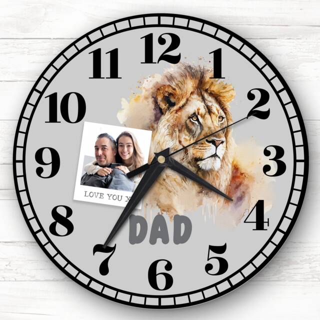 Dad Lion Photo Grey Personalised Gift Clock - image 1