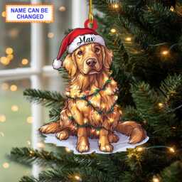 Custom Name Golden Retriever Cute Dog With Santa Hat Christmas Lights Ornament, Tree Hanging Decor, Ornament, 2D Ornament - thumbnail 1