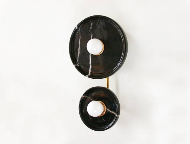Modern Black Veined Marble & Brass Sconce Unique Wall Fixture Light Vanity Powder Room - image 1