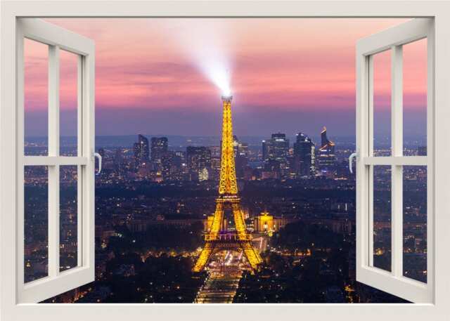 Paris Wall Decal, 3D Window Eiffel Windowview Frame View Mural, Living Room Home Decor