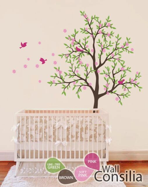 Tree Wall Decal Nursery Decor With Birds & Blossoms - 85x50 Inches - image 1