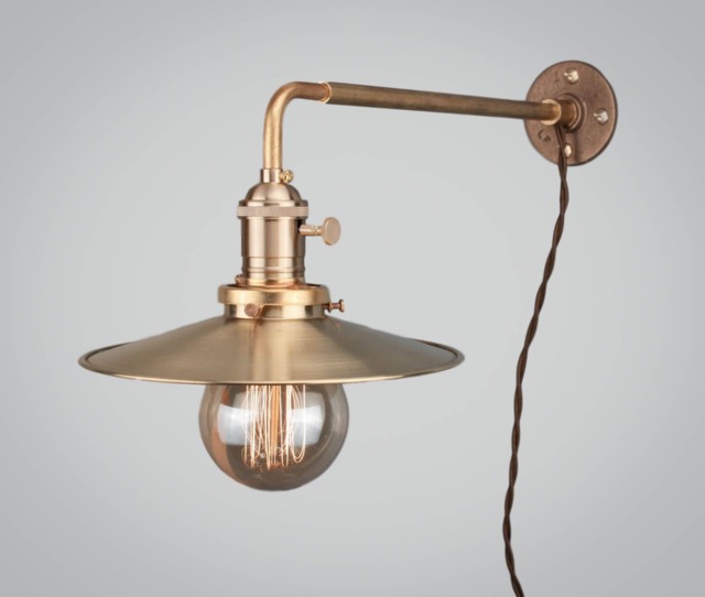 Vintage Industrial Wall Mount Light - Solid Brass Sconce Machine Age Trouble Lamp Art Deco Flat Shallow Cone Shade - image 1