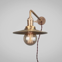Vintage Industrial Wall Mount Light - Solid Brass Sconce Machine Age Trouble Lamp Art Deco Flat Shallow Cone Shade - thumbnail 3