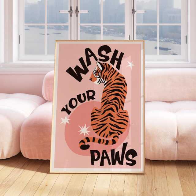 Wash Your Paws Print, Colourful Wall Decor, Bathroom Eclectic Art Poster, Home Trendy, Funny Tiger Print 3063