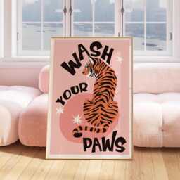 Wash Your Paws Print, Colourful Wall Decor, Bathroom Eclectic Art Poster, Home Trendy, Funny Tiger Print 3063 - thumbnail 1