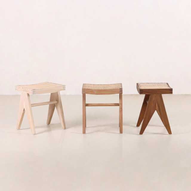 Low Cane Stool/Footstool - Teak & Handwoven Rattan - image 1