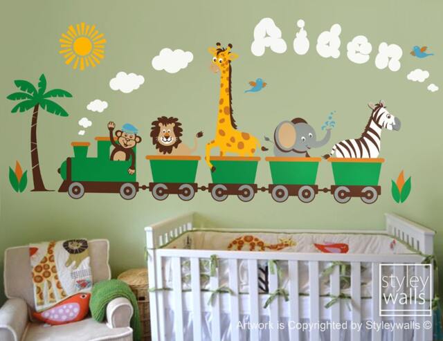 Jungle Safari Animals Train Wall Decal, Sticker, Monkey Zebra Giraffe Elephant Lion Nursery Personalized Kids Playroom Room Sticker - image 1