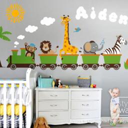 Jungle Safari Animals Train Wall Decal, Sticker, Monkey Zebra Giraffe Elephant Lion Nursery Personalized Kids Playroom Room Sticker - thumbnail 2