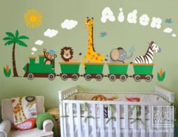 Jungle Safari Animals Train Wall Decal, Sticker, Monkey Zebra Giraffe Elephant Lion Nursery Personalized Kids Playroom Room Sticker - thumbnail 1