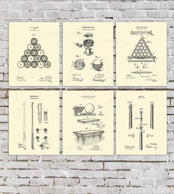 Vintage Billiards Patent Art Prints, Rec Room Decor Set Of 6 - image 1