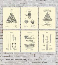 Vintage Billiards Patent Art Prints, Rec Room Decor Set Of 6 - thumbnail 1