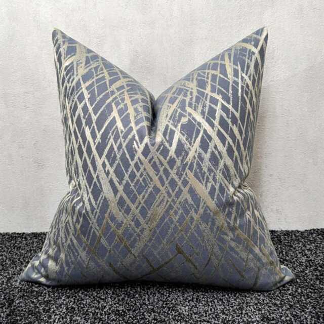 Glamorous Danube Grey Blue Cushion Cover, Gold Detail Criss Cross Design - Elegant Home Decor Throw Pillow Cover Satin Accent - image 1