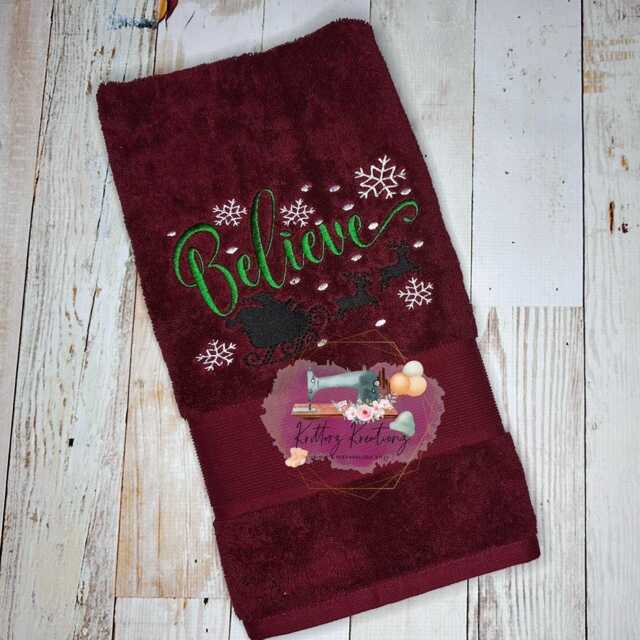 Christmas. Believe. Santa. Sleigh. Snowflakes. Bathroom. Kitchen. Embroidered. Hand Towel. Decor - image 1
