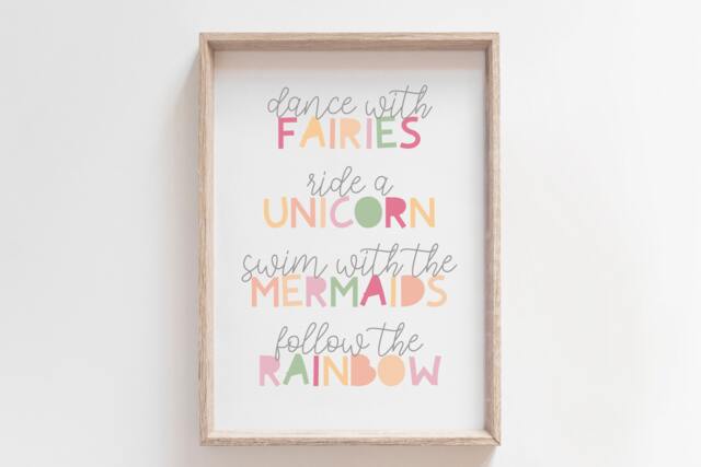 Girls Nursery Prints, Fairies Unicorns Mermaids, Rainbow Bedroom Quotes, Wall Art, Pastel, Blush Pink - image 1