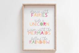 Girls Nursery Prints, Fairies Unicorns Mermaids, Rainbow Bedroom Quotes, Wall Art, Pastel, Blush Pink - thumbnail 1