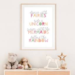 Girls Nursery Prints, Fairies Unicorns Mermaids, Rainbow Bedroom Quotes, Wall Art, Pastel, Blush Pink - thumbnail 2