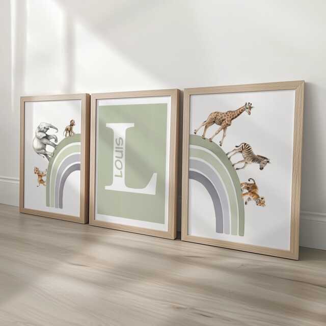 Personalised Name Safari Animal Prints, Rainbow Nursery Wall Art, Set Of 3 Customised Pictures, Blue Pink Beige Green Purple Kids Room - image 1
