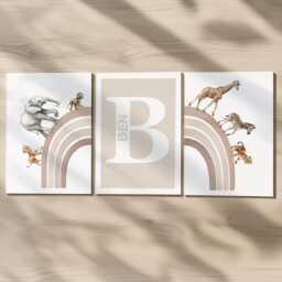 Personalised Name Safari Animal Prints, Rainbow Nursery Wall Art, Set Of 3 Customised Pictures, Blue Pink Beige Green Purple Kids Room - thumbnail 2