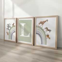 Personalised Name Safari Animal Prints, Rainbow Nursery Wall Art, Set Of 3 Customised Pictures, Blue Pink Beige Green Purple Kids Room - thumbnail 1