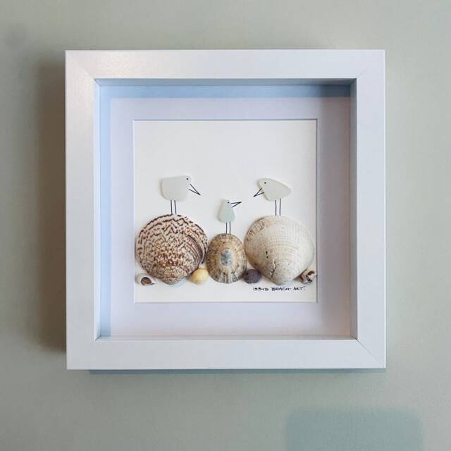 Cornish Sea Glass Birds On Shells Framed Picture Coastal Wall Art Handmade in Cornwall - image 1