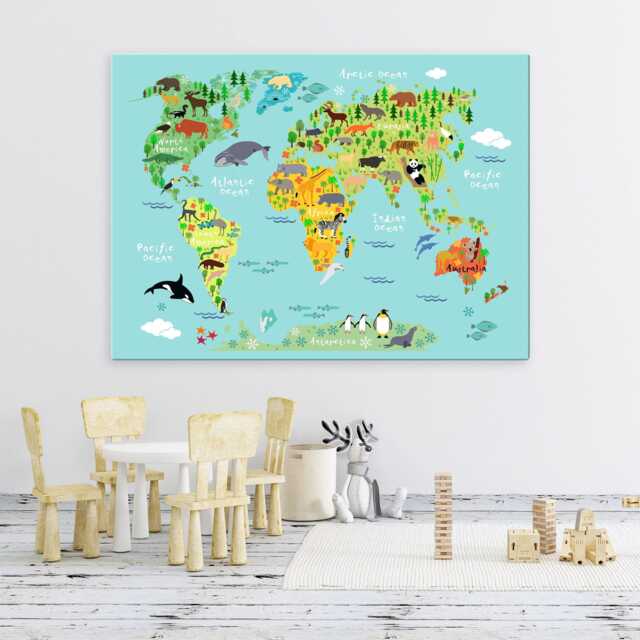 Animal World Map Canvas Kids Room Wall Art, Ready To Hang - image 1