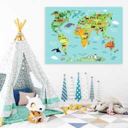Animal World Map Canvas Kids Room Wall Art, Ready To Hang - thumbnail 3