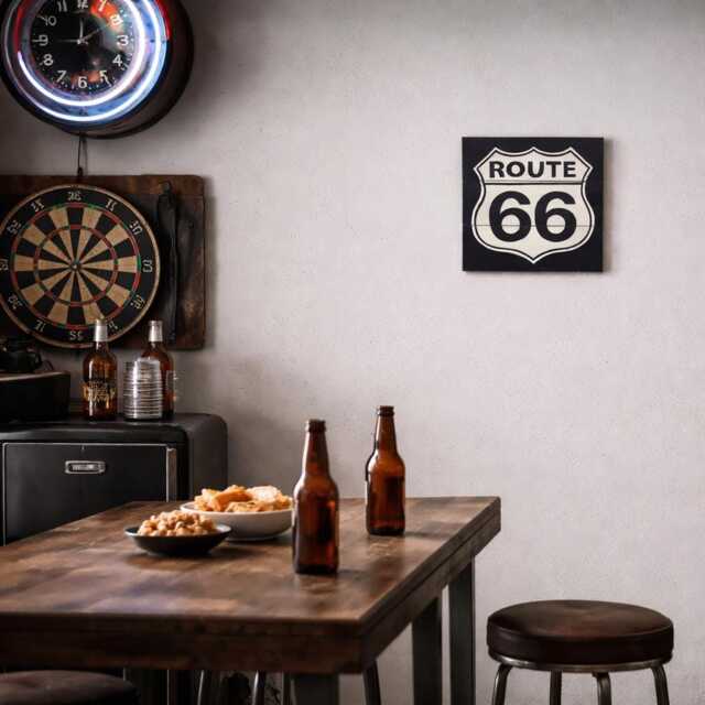 Route 66 Wooden Painted Sign, Wall Art, Black & White Car Mad Man Cave, Garage - image 1
