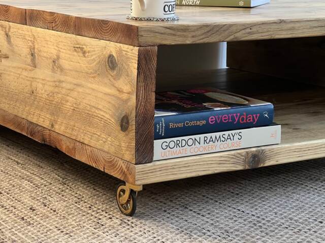 Handmade Reclaimed Wood Storage Coffee Table - Rustic Industrial, Brass Wheels - image 1