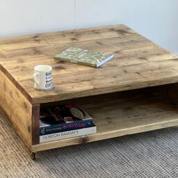 Handmade Reclaimed Wood Storage Coffee Table - Rustic Industrial, Brass Wheels - thumbnail 2