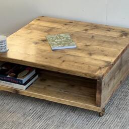 Handmade Reclaimed Wood Storage Coffee Table - Rustic Industrial, Brass Wheels - thumbnail 3