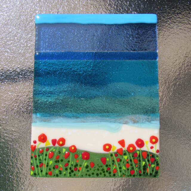 Fused Glass Suncatcher, Wildflowers By The Beach Art, Sea Wall Decor, Flowers Window Panel - image 1