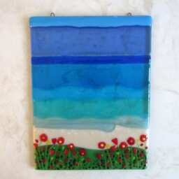Fused Glass Suncatcher, Wildflowers By The Beach Art, Sea Wall Decor, Flowers Window Panel - thumbnail 3