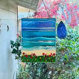 Fused Glass Suncatcher, Wildflowers By The Beach Art, Sea Wall Decor, Flowers Window Panel - thumbnail 2