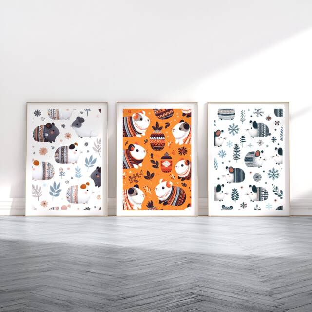 Guinea Pig Print Set - 3 Scandinavian Style Artwork - Retro Wall Art Scandanavian Design Scandi Animal Pattern Decor Nordic Home - image 1