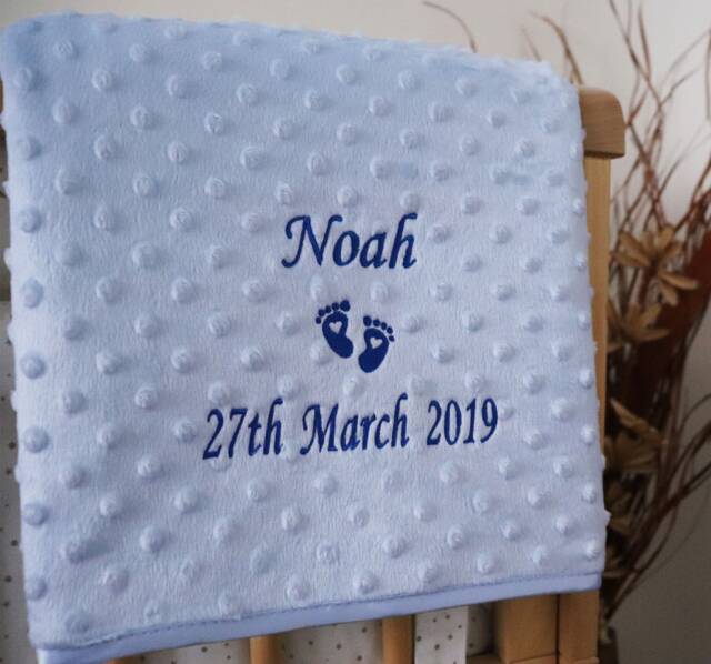 Personalised Baby Blanket Luxury Bubble Style Blue Script Font Name Date Print - image 1