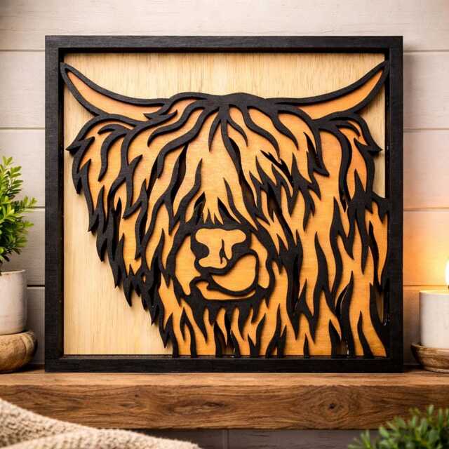 Highland Cow Wall Art 30cm - 3D Layered Wooden Farmhouse Decor - image 1