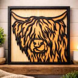 Highland Cow Wall Art 30cm - 3D Layered Wooden Farmhouse Decor - thumbnail 1