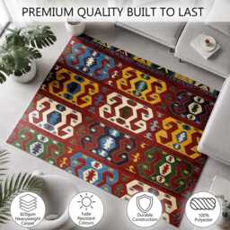 Rust Red Tribal Geometric Motif Rug Non-Slip Soft Area Carpet Bedroom Living Room Hallway Mat Decor - Made in UK - thumbnail 3