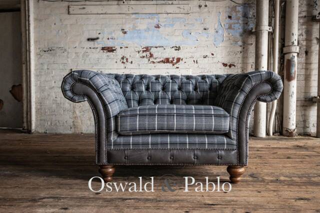 Grey Tweed Wool 1.5 Seater Chesterfield Snuggle Chair Sofa, Leather Details - British Handmade - image 1