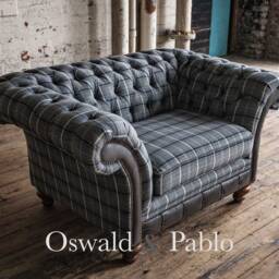Grey Tweed Wool 1.5 Seater Chesterfield Snuggle Chair Sofa, Leather Details - British Handmade - thumbnail 2