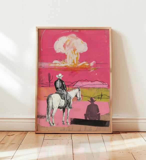 Cowboy Skeleton Art, Pop Art Style Poster, Western Surreal Wall Print, Pink Modern Artwork, Retro Americana Decor, Bold Contemporary - image 1